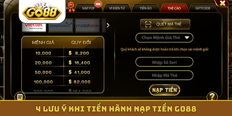 4 lưu ý khi tiến hành nạp tiền GO88